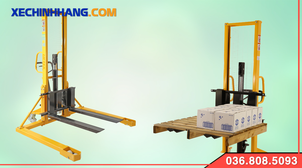 xe nâng tay cao 2 tấn càng rộng-hẹp