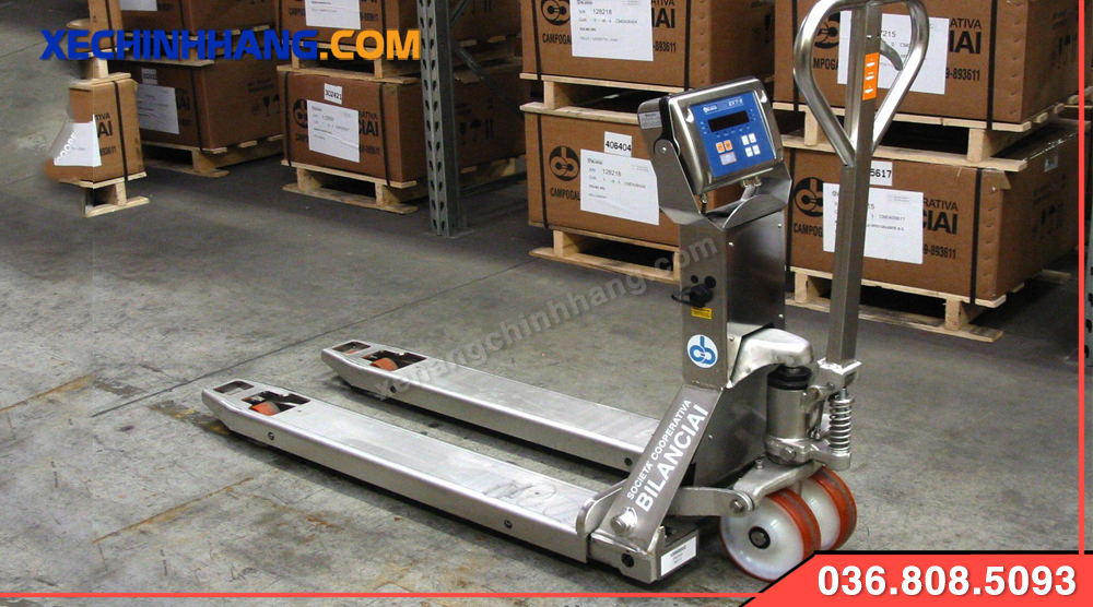 Xe nâng tay inox gắn cân