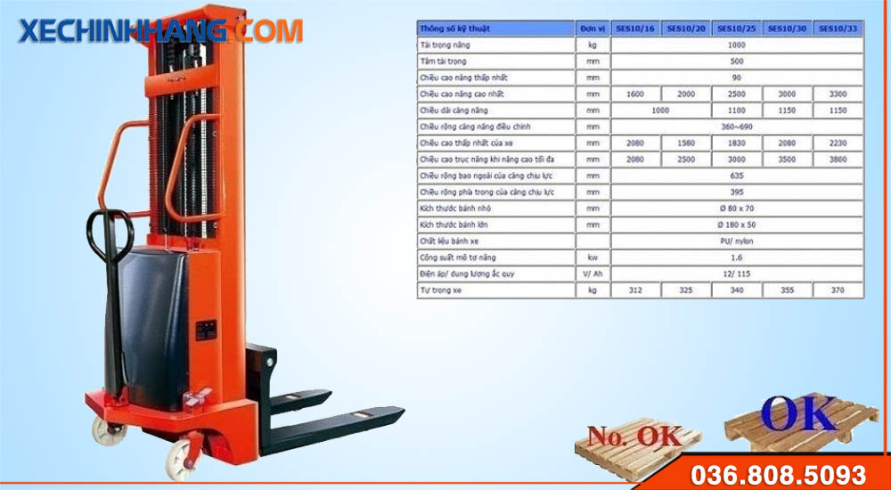 Thông số kỹ thuật xe nâng điện đẩy tay